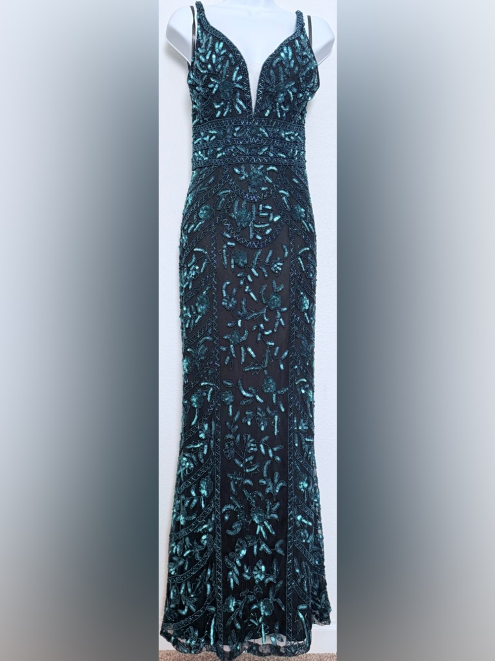 Teal Beaded V-Neck Maxi Dress